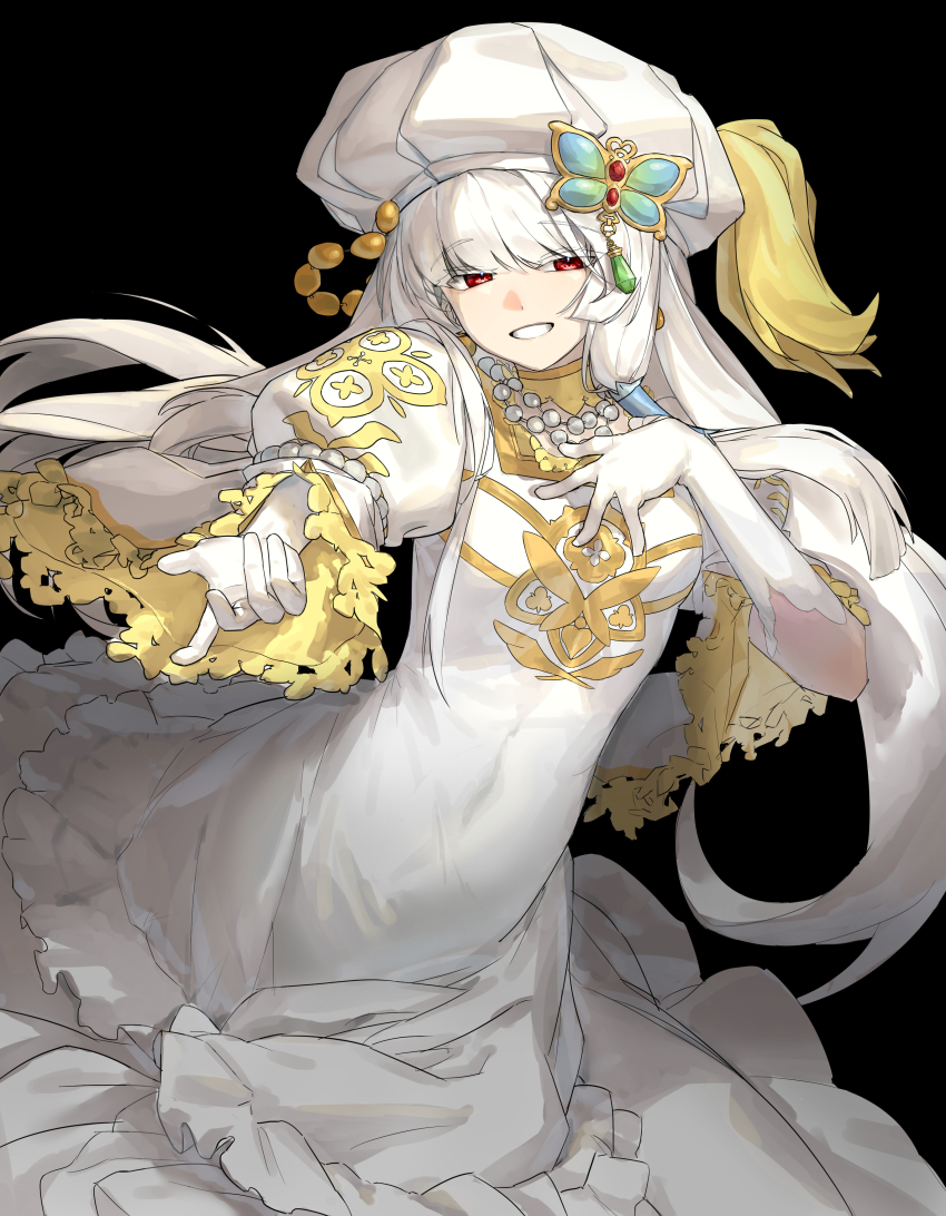 1girl, absurdres, animal_print, butterfly_hat_ornament, butterfly_print, dress, etrian_odyssey, gloves