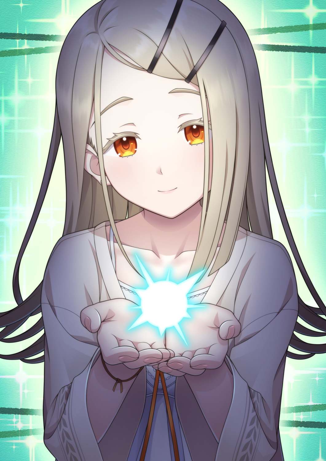 1girl, blonde_hair, camisole, closed_mouth, collarbone, colored_eyelashes, commentary_request, cupping_hands