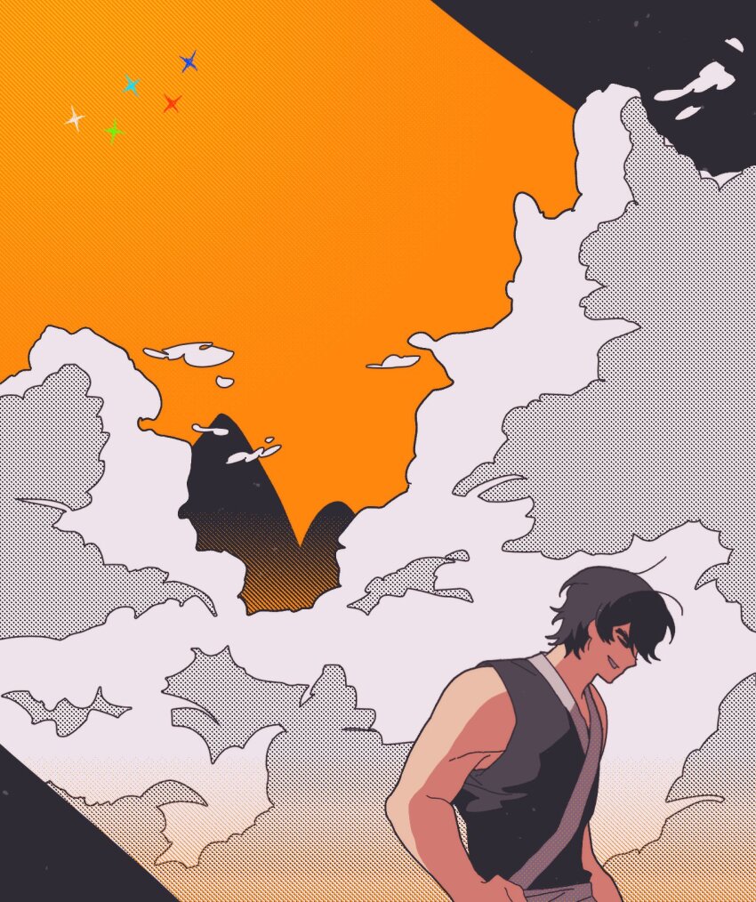 1boy, animification, bad_id, bad_twitter_id, black_dougi, black_shirt, cloud, cloudy_sky