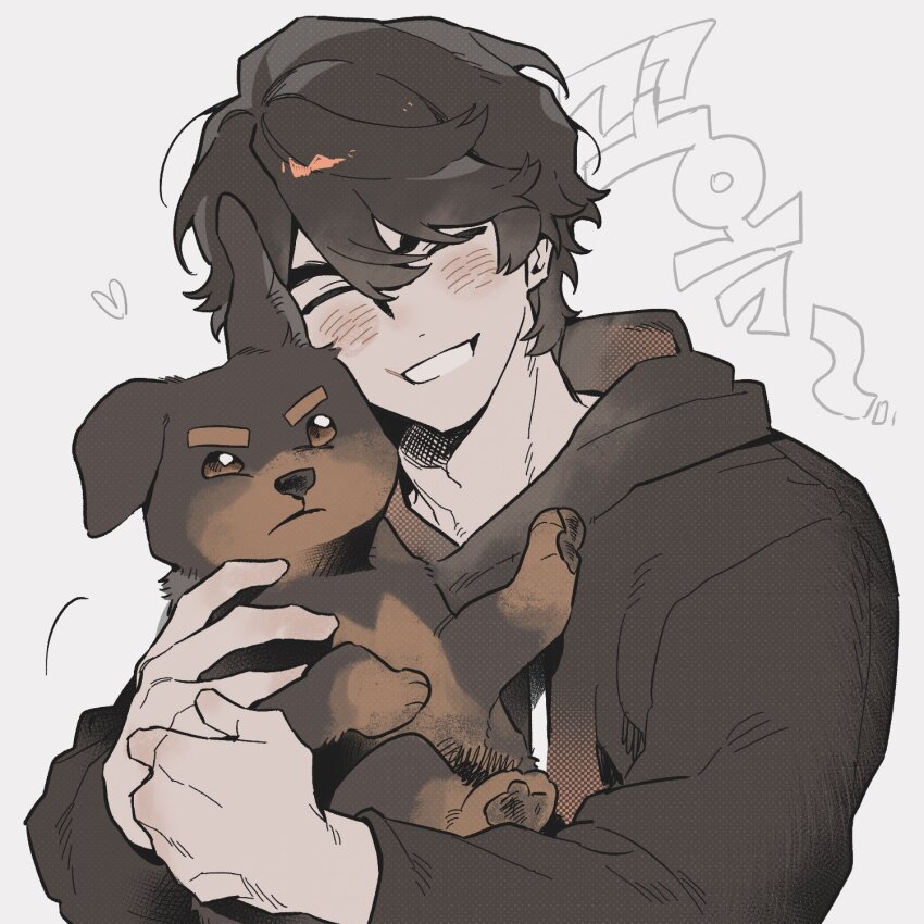 1boy, ^_^, animification, baby_animal, black_hair, black_hoodie, blush, closed_eyes