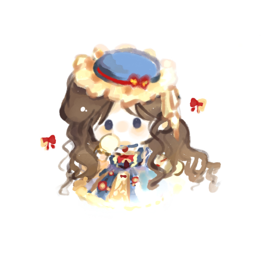 1girl, blue_choker, blue_dress, blue_eyes, blue_hat, bow, brown_hair, chibi, chinese_commentary, choker, commentary_request, dream_banquet_(infinity_nikki), dress, fengmi_youzi_hua, frilled_dress, frilled_headwear, frilled_sleeves, frills, hand_on_own_cheek, hand_on_own_face, hat, hat_bow, highres, infinity_nikki, layered_dress, layered_sleeves, light_blush, light_particles, long_dress, long_hair, long_sidelocks, long_sleeves, nikki_(series), official_alternate_color, red_bow, short_over_long_sleeves, short_sleeves, sidelocks, solid_oval_eyes, solo, very_long_hair, wavy_hair, yellow_dress