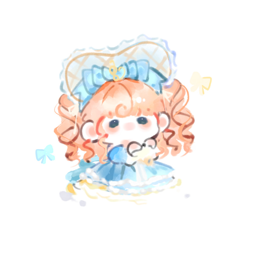 1girl, argyle_bonnet, arm_warmers, bare_shoulders, blue_bonnet, blue_bow, blue_dress, blue_eyes, blue_sleeves, bonnet, bow, chibi, chinese_commentary, classic_lolita, commentary_request, curly_hair, detached_sleeves, dress, fengmi_youzi_hua, fortissimo, frilled_arm_warmers, frilled_dress, frilled_headwear, frills, hair_bow, hair_ornament, hair_ribbon, heart-shaped_bonnet, highres, infinity_nikki, light_blush, lolita_fashion, long_dress, long_hair, musical_note, musical_note_hair_ornament, nikki_(series), no_mouth, orange_hair, pleated_dress, puffy_short_sleeves, puffy_sleeves, ribbon, short_sleeves, simple_background, sleeveless, sleeveless_dress, solid_oval_eyes, solo, timeless_melody_(infinity_nikki), wavy_hair, white_arm_warmers, white_background, white_ribbon, yellow_bow