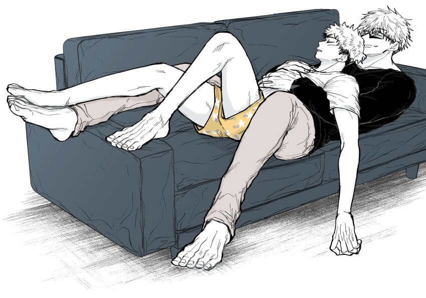 2boys, barefoot, closed_eyes, closed_mouth, commentary_request, couch, full_body, glasses