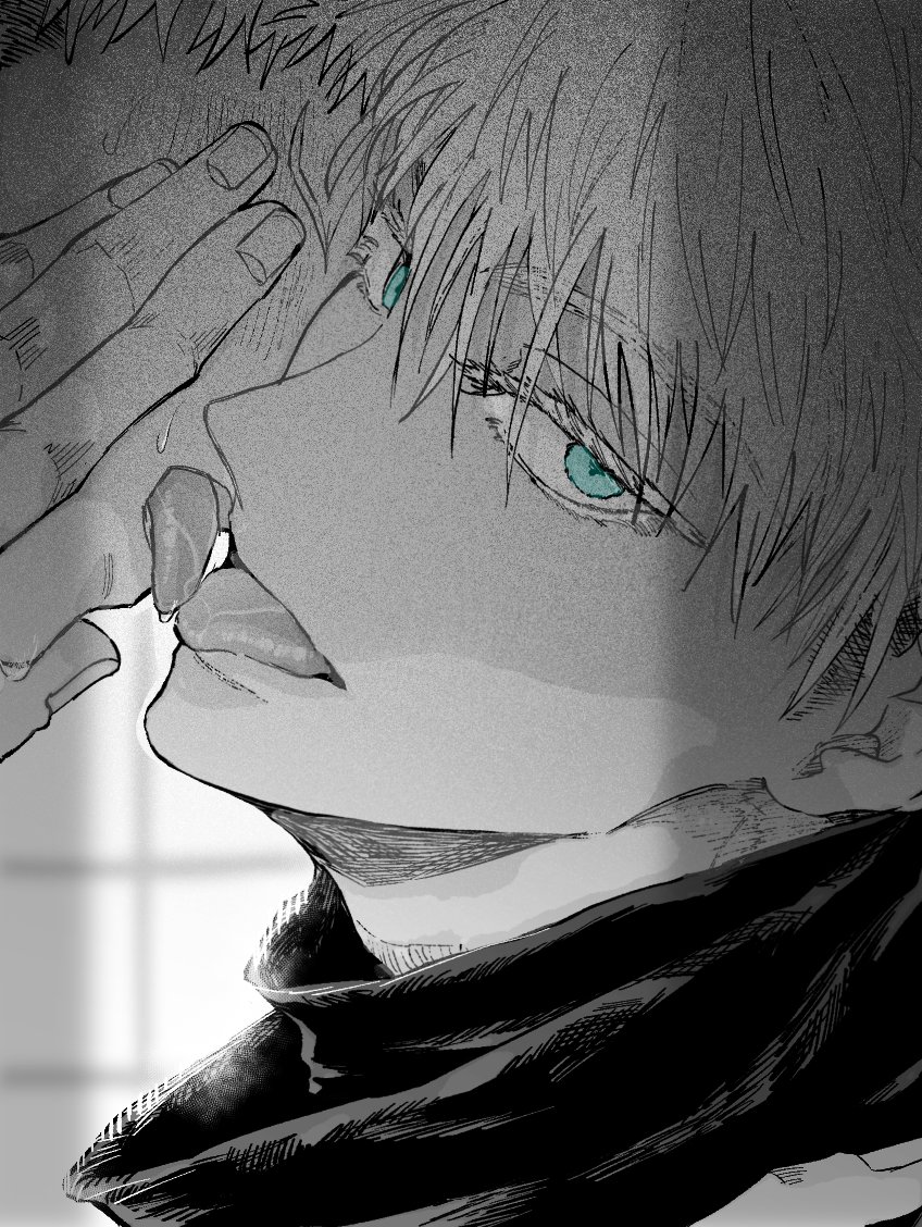 2boys, blue_eyes, blush, closed_eyes, commentary_request, french_kiss, gojo_satoru, greyscale