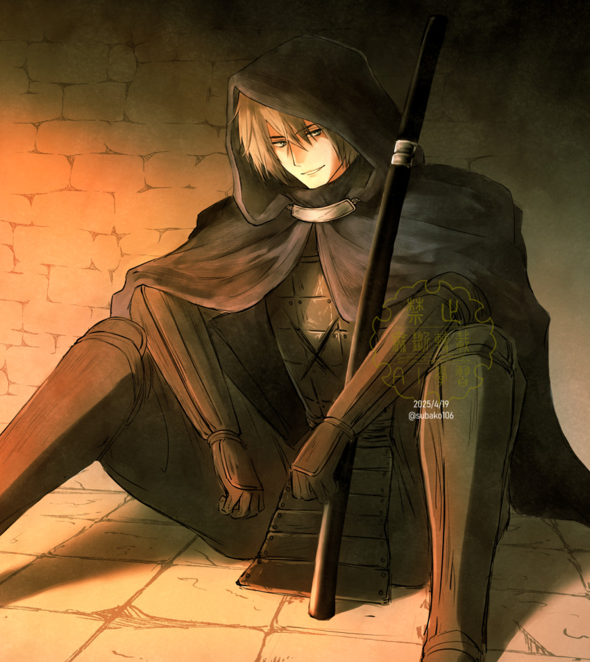 1boy, armor, artist_name, black_hood, blade_&amp;_bastard, cloak, commentary_request, dated