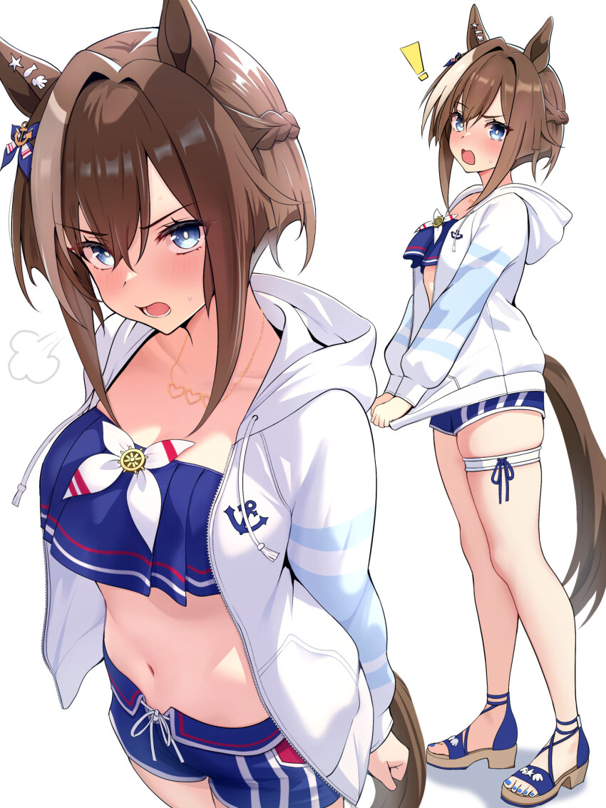 !, 1girl, amenu_415, animal_ears, bikini, bikini_shorts, blue_bikini, blue_eyes