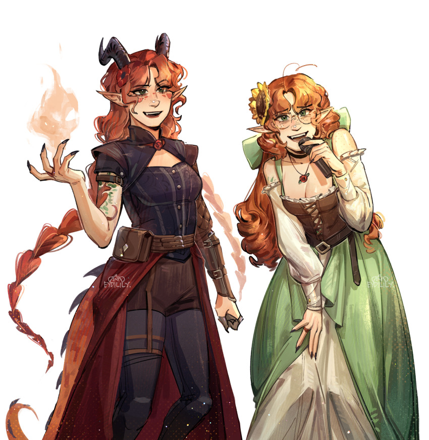 2girls, absurdres, ahoge, animification, arm_tattoo, armor, artist_name, belt, belt_buckle, belt_pouch, black_armor, black_belt, black_pantyhose, braid, breasts, brown_belt, brown_corset, brown_shorts, buckle, claws, cleavage, clip_studio_paint_(medium), commentary, corset, cowboy_shot, curtained_hair, dragon_girl, dragon_horns, dragon_tail, dress, dual_persona, english_commentary, eydilily, fang, fire, flower, freckles, geminitay, geminitay_(dragon_rider), geminitay_(innkeeper), green_dress, green_eyes, hair_flower, hair_ornament, hand_up, hermitcraft, highres, holding, holding_microphone, horns, jewelry, leaning_forward, long_hair, looking_at_viewer, low_twin_braids, medium_breasts, microphone, minecraft_youtube, multiple_girls, necklace, off-shoulder_shirt, off_shoulder, official_alternate_costume, open_mouth, orange_hair, pantyhose, pointy_ears, pouch, red_flower, red_skirt, ring, shirt, shorts, simple_background, skirt, standing, sunflower, sunflower_hair_ornament, tail, tattoo, twin_braids, very_long_hair, wavy_hair, white_background, white_shirt