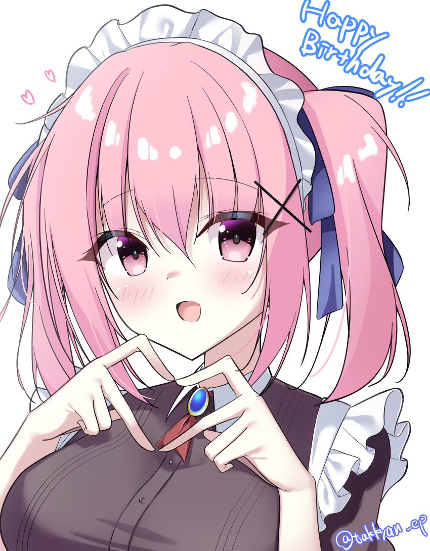 1girl, :d, absurdres, apron, black_dress, blue_ribbon, blush, breasts