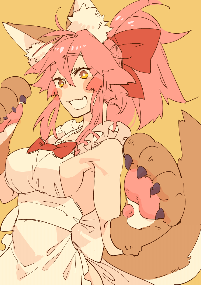 1girl, animal_ears, animal_hands, apron, bow, breasts, fang, fate/grand_order