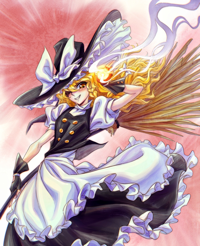 1girl, absurdres, apron, banana, black_gloves, black_skirt, black_vest, blonde_hair