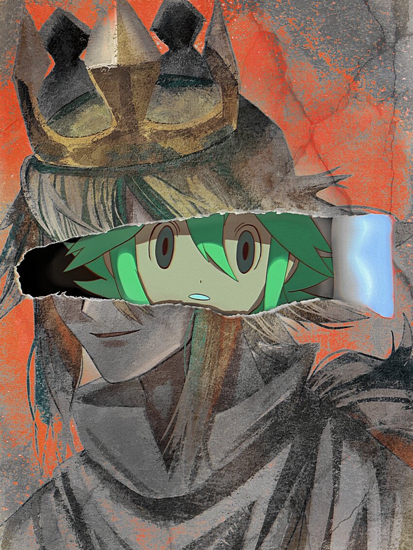 1boy, :o, aged_down, commentary_request, covered_eyes, crown, expressionless, gold_crown