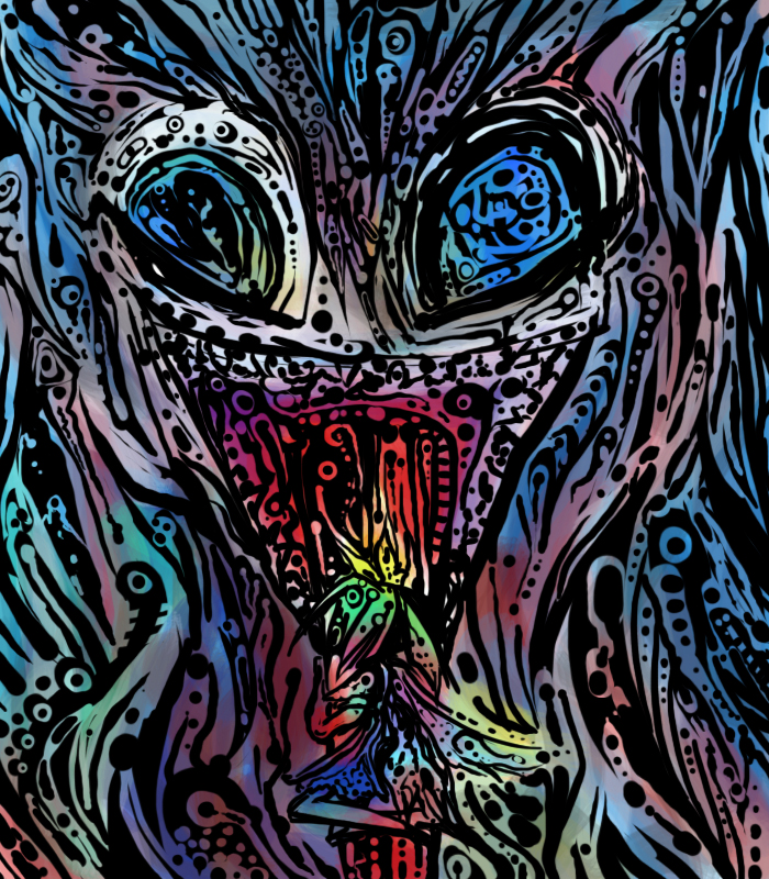 2girls, blue_eyes, blue_hair, cirno, crazy, daiyousei, deformed, fairy_wings, green_hair, kneeling, koishi_komeiji's_heart-throbbing_adventure, long_hair, long_tongue, multiple_girls, spoilers, surreal, tears, tongue, tongue_out, touhou, wings, yuberyu