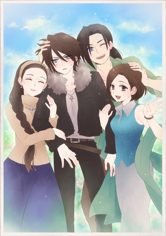1990s_(style), 2boys, 2girls, aged_up, bad_id, bad_pixiv_id, belt, black_hair, blue_eyes, braid, brown_hair, closed_eyes, earrings, ellone, family, family_bonding, final_fantasy, final_fantasy_viii, hairband, jewelry, laguna_loire, long_hair, multiple_boys, multiple_girls, necklace, one_eye_closed, open_mouth, ponytail, raine_loire, retro_artstyle, short_hair, spoilers, squall_leonhart, toufuno, wink