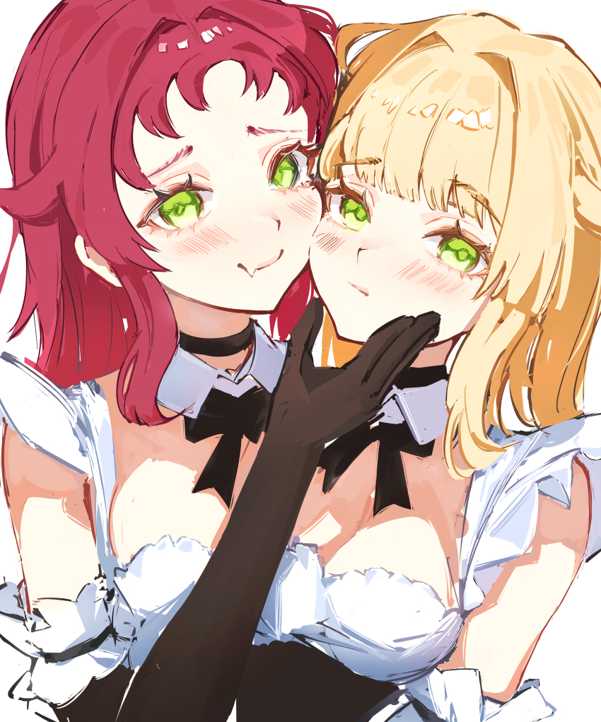 2girls, absurdres, aisha_greyrat, black_choker, black_dress, black_gloves, blonde_hair, blush