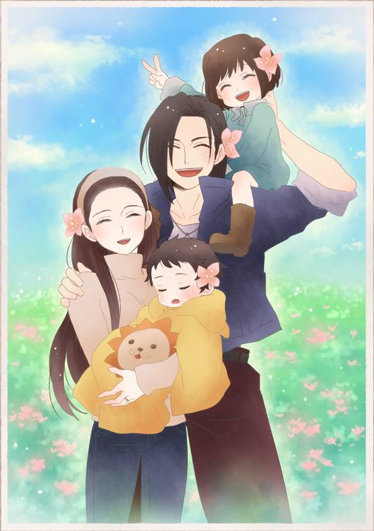 1990s_(style), 2boys, 2girls, bad_id, bad_pixiv_id, black_hair, brown_hair, child