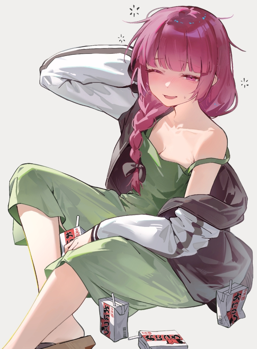 1girl, arm_behind_head, bare_shoulders, black_jacket, blush, bocchi_the_rock!, braid, breasts