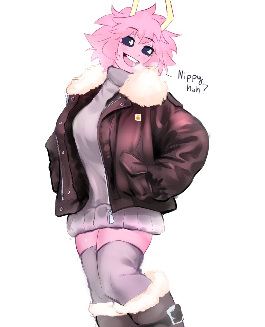 1girl, absurdres, ashido_mina, black_sclera, boku_no_hero_academia, boots, breath, brown_coat, carhartt, coat, cold, colored_sclera, colored_skin, commentary, cropped_legs, english_commentary, english_text, fur-trimmed_boots, fur-trimmed_collar, fur_trim, hands_in_pockets, hhholic, highres, horns, looking_back, messy_hair, open_clothes, open_coat, open_mouth, pink_hair, pink_skin, skindentation, solo, sweater, teeth, thighhighs, turtleneck, turtleneck_sweater, upper_teeth_only, white_background, white_sweater, yellow_eyes, yellow_horns