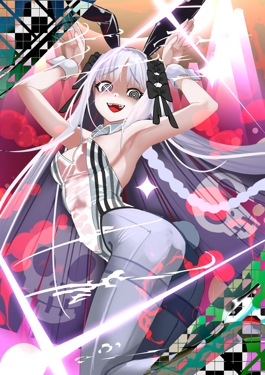 1girl, absurdres, animal_ears, bare_shoulders, black_bow, blush, bow, breasts, colored_inner_hair, commentary_request, covered_navel, detached_collar, fake_animal_ears, fate/strange_fake, fate_(series), francesca_prelati_(fate), hair_bow, highleg, highleg_leotard, highres, kitsunebi44410, leotard, long_hair, looking_at_viewer, multicolored_hair, open_mouth, playboy_bunny, rabbit_ears, ringed_eyes, skull_print, smile, solo, wrist_cuffs