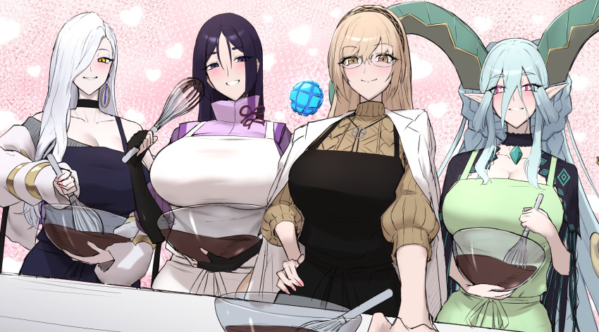 4girls, apron, aqua_hair, blonde_hair, blush, breasts, brown_eyes, cleavage, commentary_request, curled_horns, demeter_(fate), demeter_(second_ascension)_(fate), dress, eyeliner, fate/grand_order, fate_(series), glasses, grey_dress, greyscale, hair_over_one_eye, hebi_nyoubou_(fate), highres, horns, large_breasts, long_hair, long_horns, long_sleeves, looking_at_viewer, makeup, minamoto_no_raikou_(fate), monochrome, mrs._snake_(second_ascension)_(fate), multiple_girls, orb, parted_bangs, pink_eyes, pointy_ears, purple_eyes, purple_hair, shiroshisu, smile, symbol-shaped_pupils, tiamat_(fate), very_long_hair, yellow_eyes