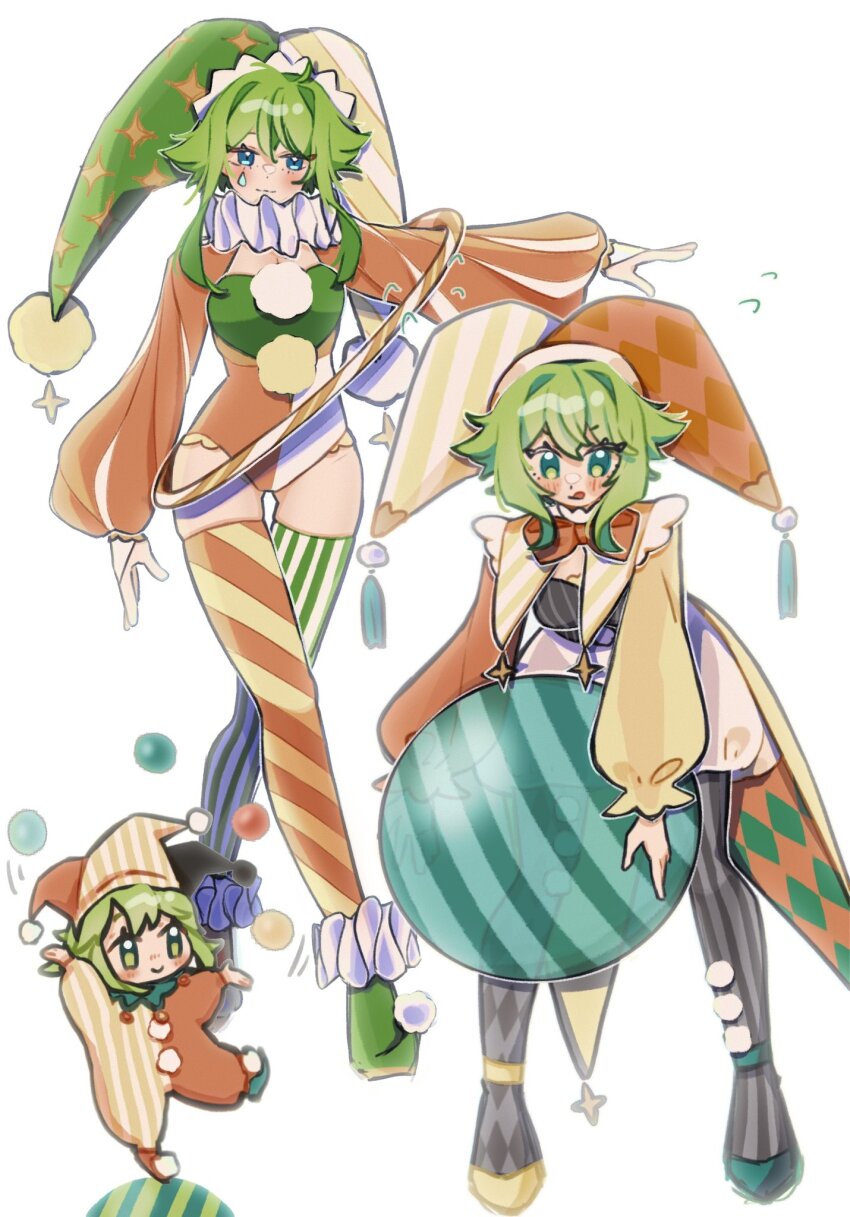 alternate_costume, asymmetrical_legwear, balancing, ball, detached_sleeves, green_eyes, green_hair, gumi