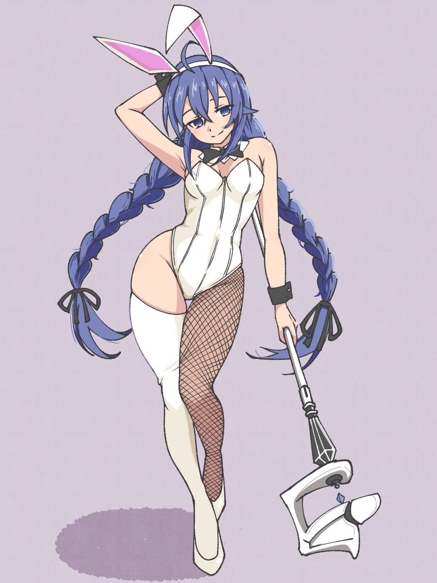 1girl, animal_ears, black_wrist_cuffs, blue_eyes, blue_hair, braid, breasts, closed_mouth