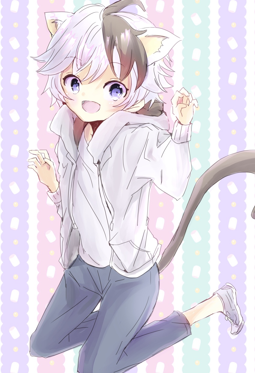 1boy, absurdres, ahoge, animal_ears, cat_boy, cat_ears, commentary_request, denim
