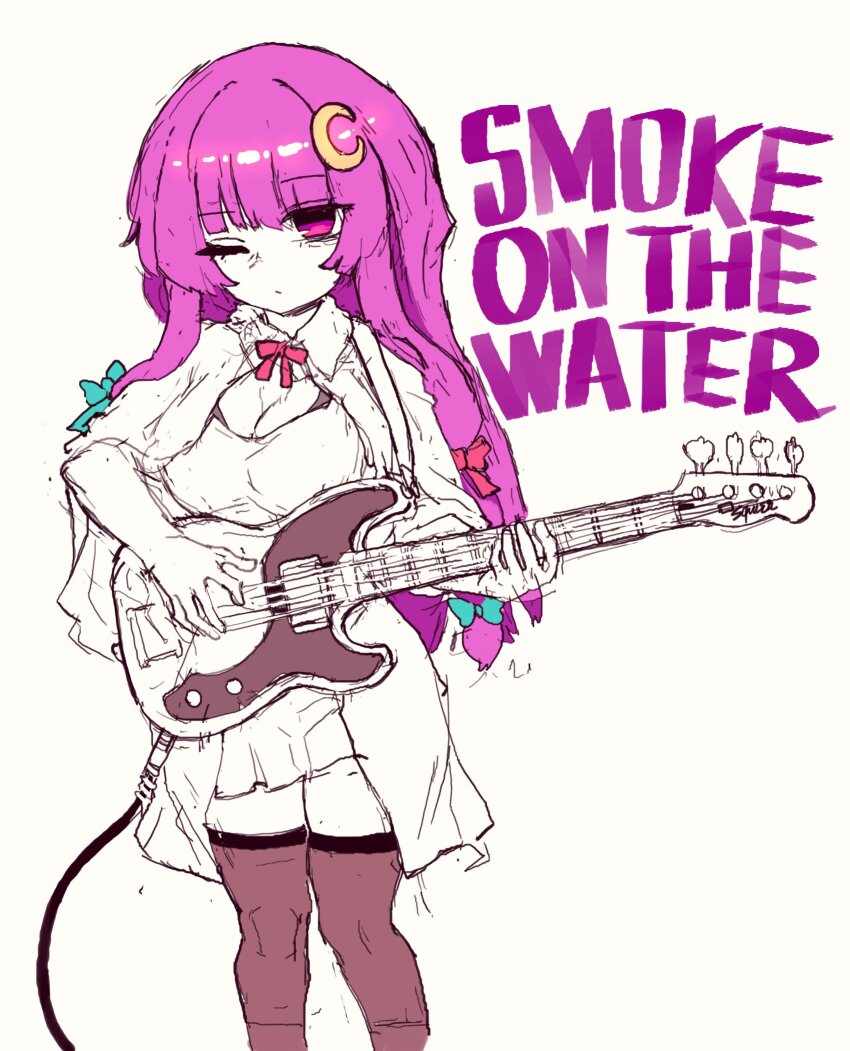 1girl, alternate_costume, blue_bow, bow, bra, breasts, brown_thighhighs, capelet