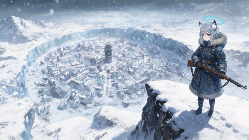 1girl, alternate_costume, animal_ears, blue_archive, blue_halo, commentary_request, frostpunk, grey_hair