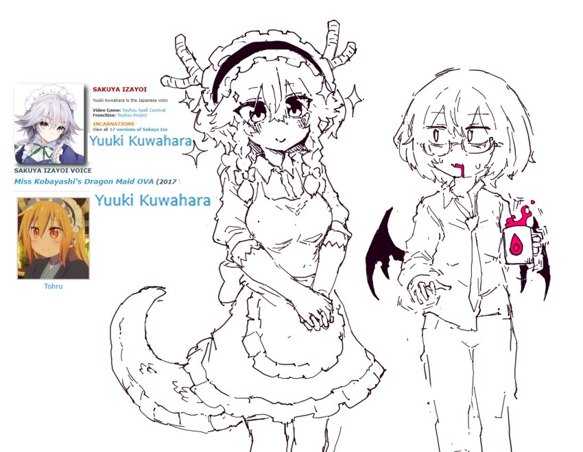 2girls, alternate_costume, apron, bat_wings, bespectacled, blush, braid, closed_mouth