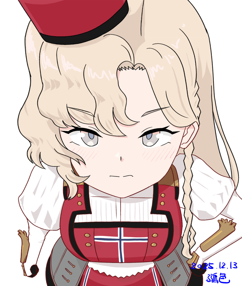 1girl, akakin2012, angry, asymmetrical_hair, blonde_hair, braid, breasts, closed_mouth