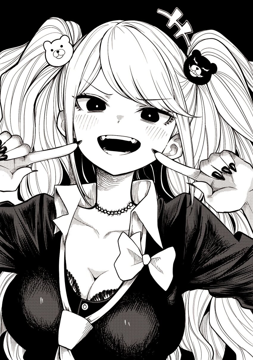 1girl, bear_hair_ornament, blush, bow, breasts, cleavage, collarbone, commentary_request