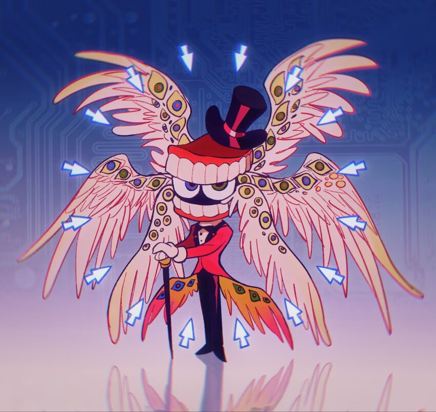 arrow_(symbol), biblically_accurate_angel, black_pants, blue_background, blue_eyes, caine_(the_amazing_digital_circus), circuit_board, eye_in_mouth, eyes_on_wings, full_body, gloves, green_eyes, hashtag-only_commentary, hat, heterochromia, highres, looking_at_viewer, open_mouth, pants, red_tailcoat, reflection, reflective_floor, teeth, the_amazing_digital_circus, top_hat, white_gloves, white_wings, wings, wuuzaghi9m12xsy