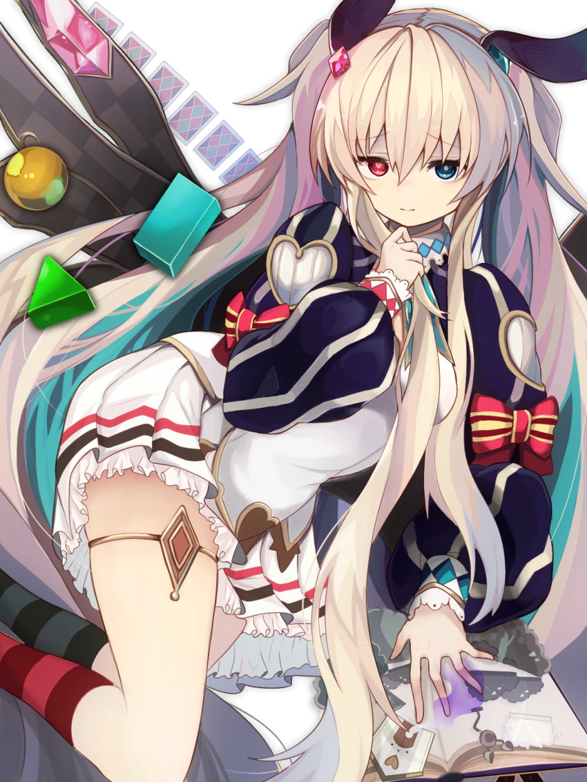 1girl, animal_ears, aqua_hair, argyle_clothes, black_sleeves, black_socks, black_wings, blonde_hair