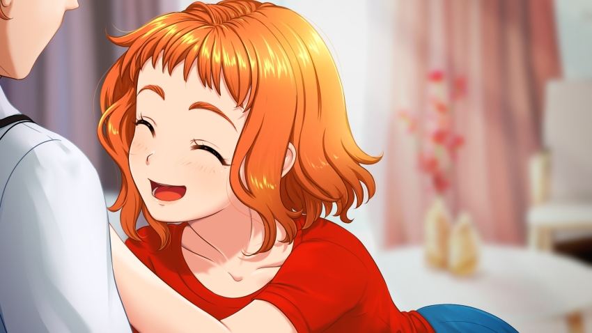 1boy, 1girl, anya_(little_green_girl), closed_eyes, game_cg, little_green_girl, orange_eyes, orange_hair
