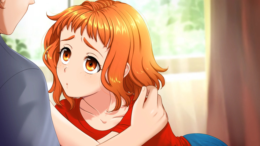 1boy, 1girl, anya_(little_green_girl), closed_eyes, game_cg, little_green_girl, orange_eyes, orange_hair, orika_nekoi, roma_(little_green_girl), short_hair