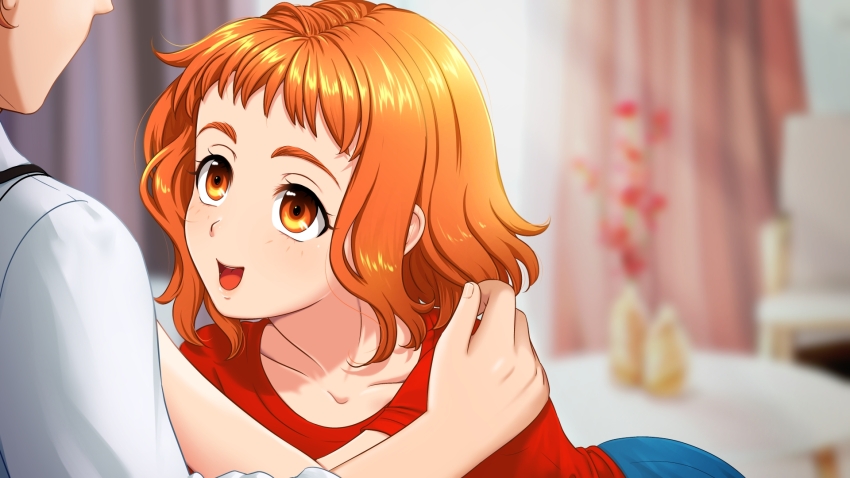 1boy, 1girl, anya_(little_green_girl), closed_eyes, game_cg, little_green_girl, orange_eyes, orange_hair