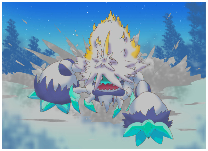 border, commentary_request, crabominable, full_body, gen_7_pokemon, highres, ice, mega_crabominable, mega_pokemon, night, nintendo, open_mouth, outdoors, pokemon, pokemon_(creature), pokemon_focus, running, sky, snow, star_(sky), starry_sky, tree, tsuyo_mark2, white_border