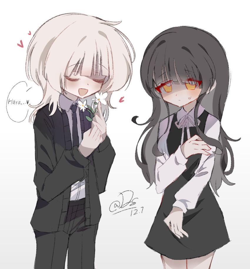 1boy, 1girl, :d, aged_down, annoyed, black_cardigan, black_dress, black_hair