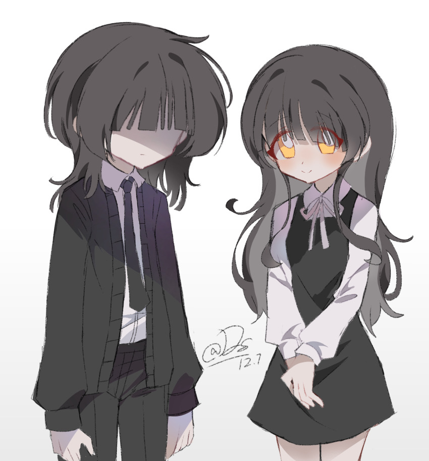 1boy, 1girl, aged_down, arms_at_sides, black_cardigan, black_dress, black_hair, black_necktie, black_pants, blunt_bangs, brother_and_sister, cardigan, chinese_commentary, commentary_request, cowboy_shot, drapensweet1102, dress, suit_pants, dress_shirt, expressionless, highres, long_hair, medium_hair, neck_ribbon, necktie, own_hands_together, pants, pinafore_dress, ribbon, saihate_eki, shaded_face, shirt, short_dress, siblings, sleeveless, sleeveless_dress, smile, tatsunami_shion, tenjiku_aoi, twins, v_arms, white_background, white_shirt, yellow_eyes