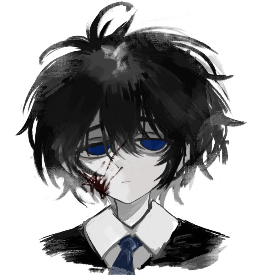 1boy, akinashi_haru, black_hair, blood, blood_on_face, blue_eyes, blue_necktie, chinese_commentary