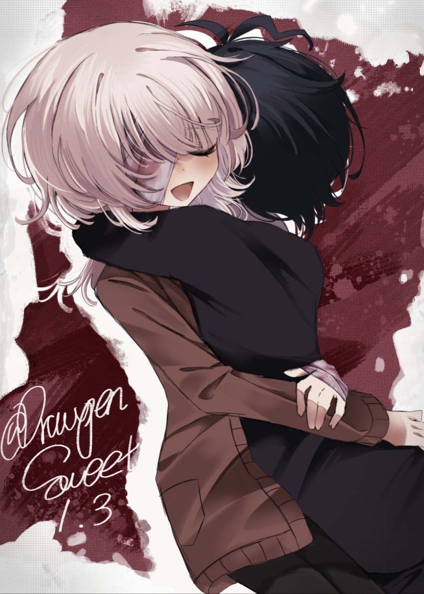 2boys, :d, akinashi_haru, bandage_over_one_eye, bandaged_wrist, bandages, black_hair, black_jacket