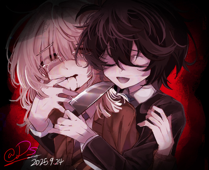 2boys, :d, akinashi_haru, black_hair, black_jacket, blade_to_throat, bleeding, blood