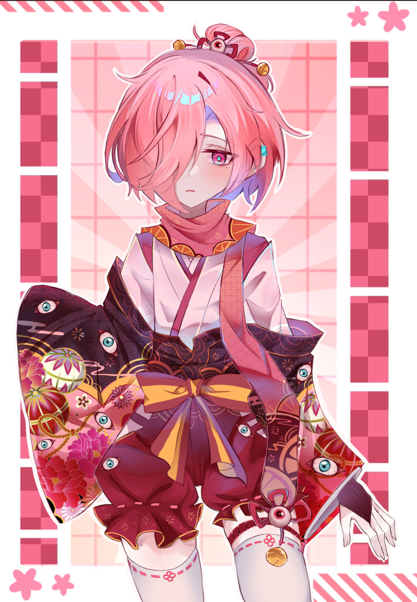 absurdres, bell, chinese_commentary, clothing_cutout, commentary_request, cowboy_shot, drapensweet1102, ear_piercing, eye_print, frilled_shorts, frills, gathers, hair_bell, hair_ornament, hair_over_one_eye, hair_rings, highres, hip_vent, japanese_clothes, jibaku_shounen_hanako-kun, kimono, mitsuba_sousuke, mole, mole_under_eye, off_shoulder, piercing, print_kimono, red_shorts, ribbon-trimmed_shorts, ribbon_trim, short_hair, shorts, single_hair_ring, skindentation, temari_print, thighhighs, white_kimono, white_thighhighs