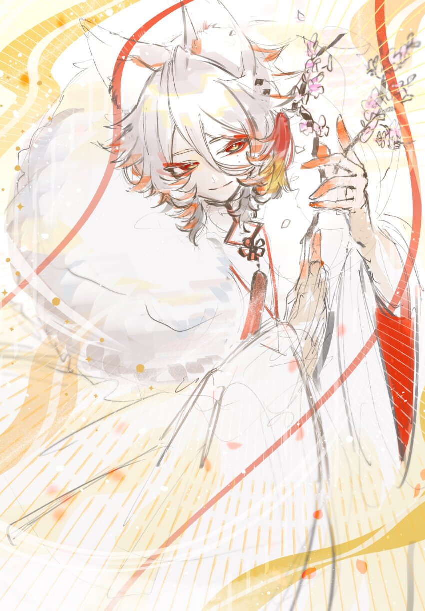 1boy, animal_ears, branch, eyeshadow, fate/grand_order, fate_(series), flower, hair_between_eyes