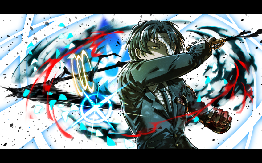 1boy, black_hair, black_necktie, black_suit, blood_on_gloves, collared_shirt, commentary_request, ehdbs1198