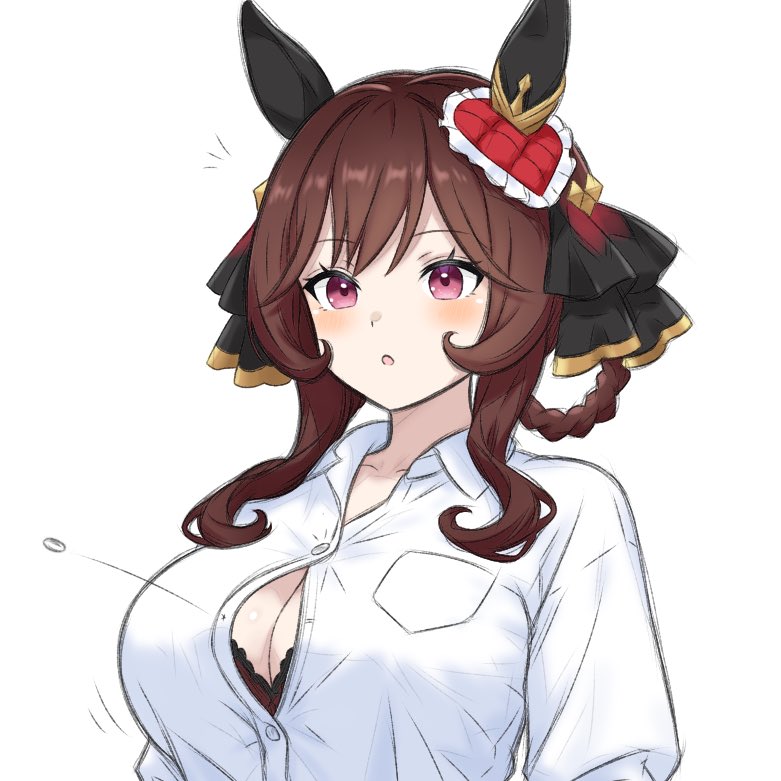 1girl, animal_ears, black_bra, blush, bra, bra_peek, braid, braided_hair_rings, breast_pocket, breasts, brown_hair, button_gap, cleavage, collared_shirt, commentary_request, ear_covers, gentildonna_(umamusume), hair_ornament, hair_rings, heart_ear_ornament, horse_ears, horse_girl, large_breasts, nanasedayoxd, pocket, popped_button, shirt, sidelocks, simple_background, solo, umamusume, underwear, upper_body, white_background, white_shirt