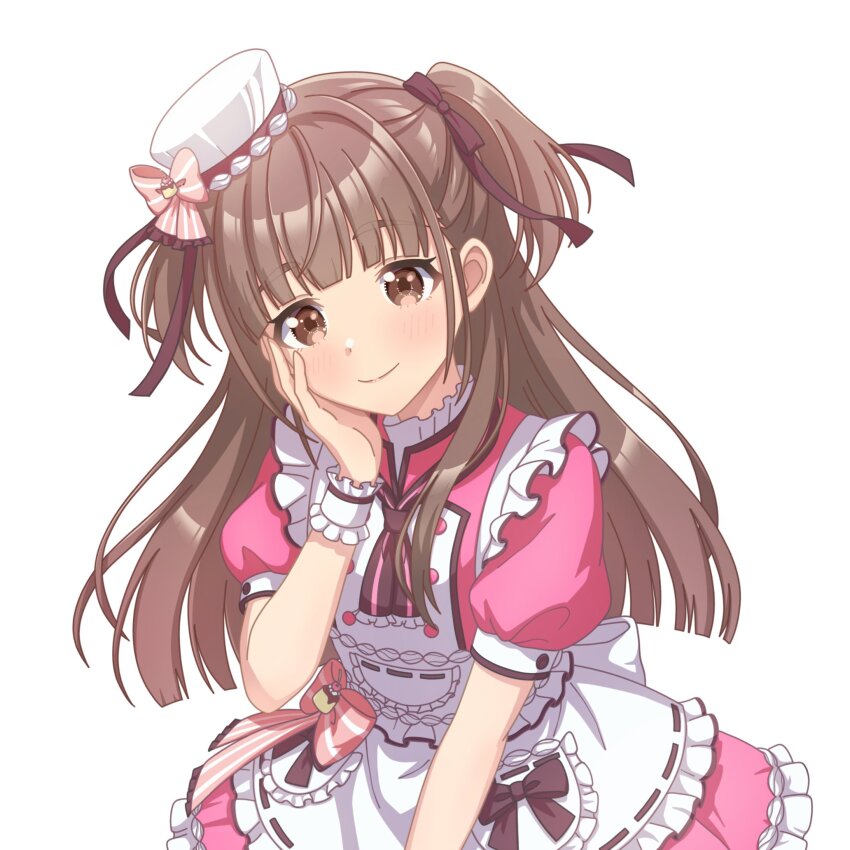 1girl, bow, brown_bow, brown_eyes, brown_hair, brown_ribbon, closed_mouth, commentary_request