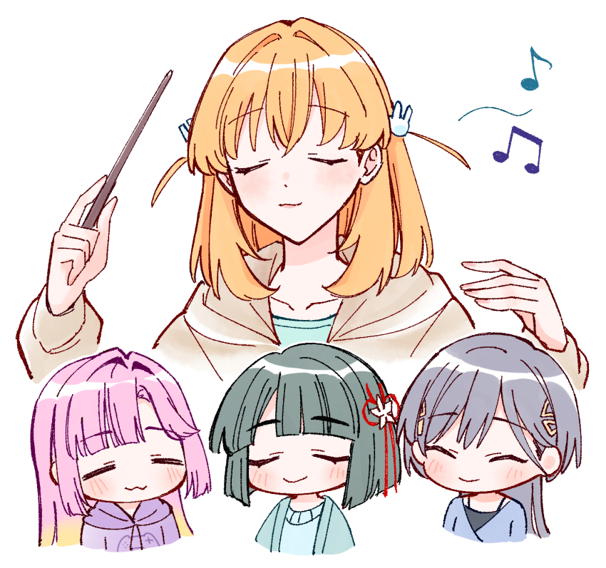 4girls, :3, =_=, anyoji_hime, anyoji_hime_(sega_lucky_lottery_sleepwear), aqua_cardigan, aqua_shirt, beamed_eighth_notes