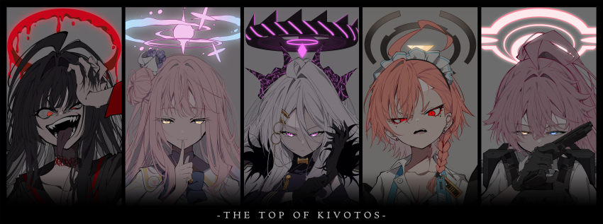 5girls, absurdres, ahoge, beretta_92, black_hair, black_halo, blood, blood_halo, blue_archive, blue_eyes, blue_halo, braid, commentary_request, demon_girl, demon_horns, english_text, fangs, finger_to_mouth, glowing, glowing_eyes, gun, hair_between_eyes, hair_bun, hair_ornament, halo, handgun, heterochromia, highres, hina_(blue_archive), holding, holding_gun, holding_weapon, horns, hoshino_(blue_archive), huge_ahoge, liquid_halo, long_hair, looking_at_viewer, maid, maid_headdress, mika_(blue_archive), multicolored_halo, multiple_girls, neru_(blue_archive), orange_hair, overlord_m, pink_hair, pink_halo, purple_eyes, red_eyes, red_halo, tongue, tongue_out, tsurugi_(blue_archive), weapon, white_hair, yellow_eyes