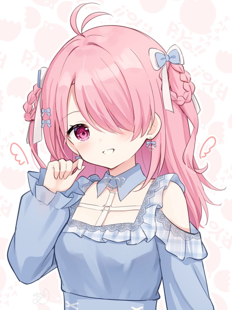 1girl, animal_background, antenna_hair, bare_shoulders, blue_dress, blush, braid, braided_hair_rings